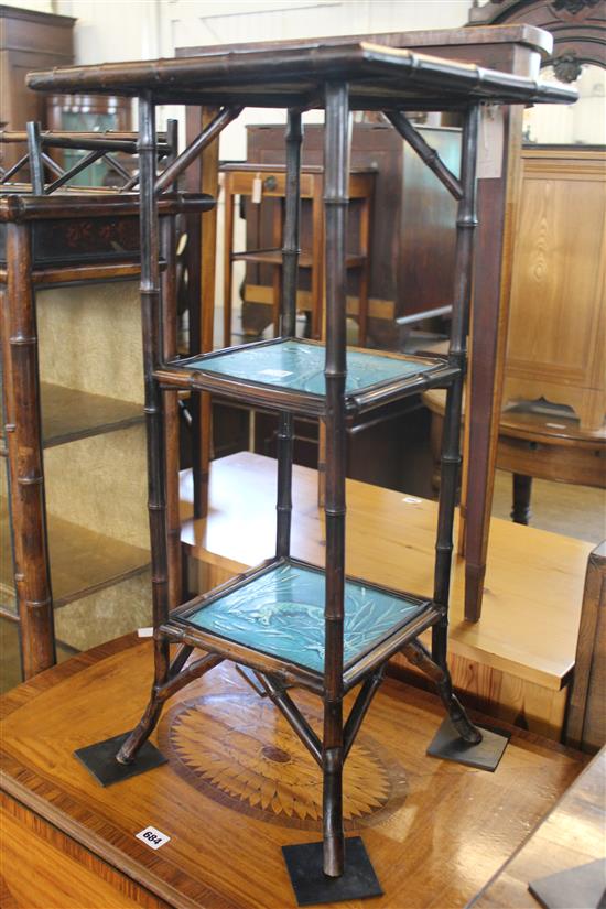 Aesthetic manner bamboo three-tier jardiniere stand, inset turquoise Minton tiles(-)